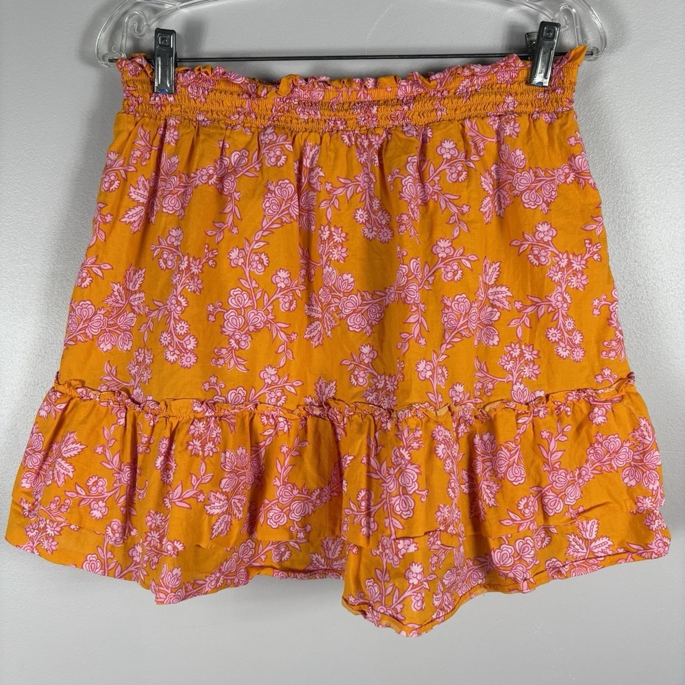 J Crew Women's Medium Orange Pink Smocked Waist Pull On Lined Ruffle Mini Skirt